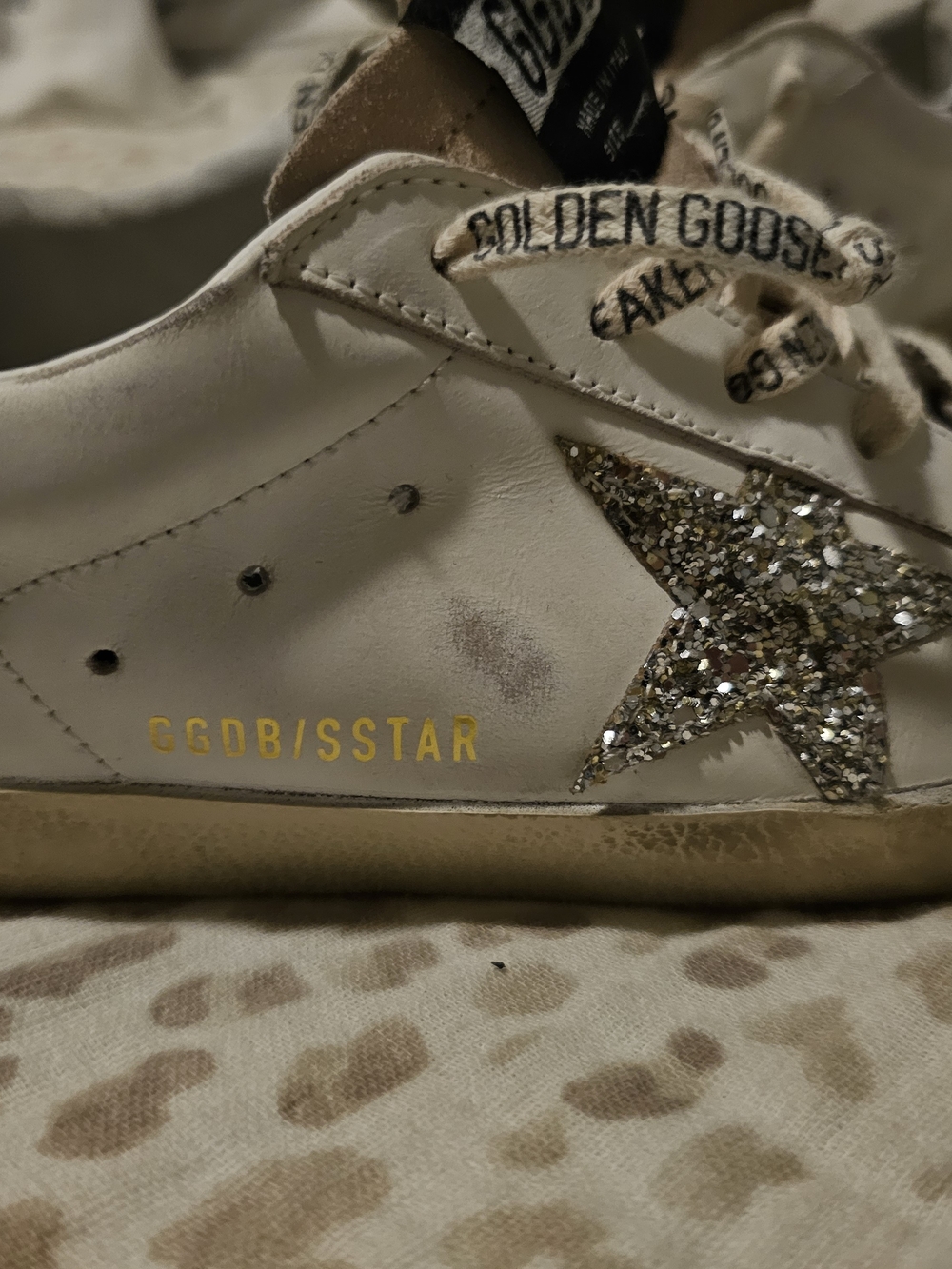 Golden Goose White Leather Sneaker with Silver Glitter Star Accent